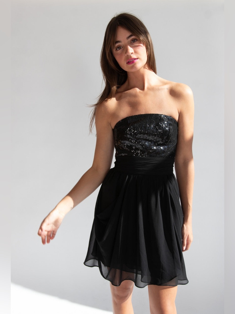 Y2K Party Girl Black Sequin Chiffon Strapless Mini Dress Formal Size 16